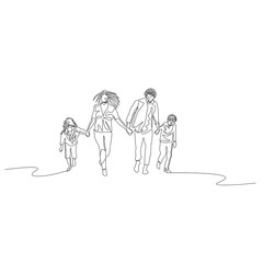 Continuous one line happy family running holding the hands