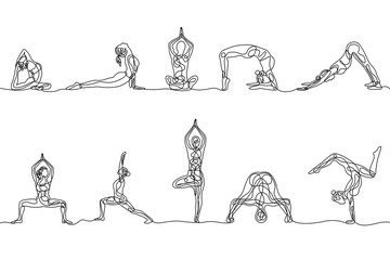 Continuous one line drawing set of woman yoga poses. Vector
