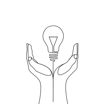 Continuous one line bulb in hands of man - symbol of eco idea