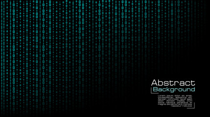 Vector streaming blue binary code on black background. Design for cover, poster, banners, wallpaper, website backgrounds, advertising and presentation slides
