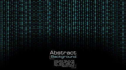 Vector streaming blue binary code on black background. Design for cover, poster, banners, wallpaper, website backgrounds, advertising and presentation slides.