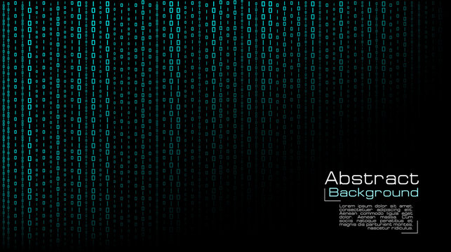 Vector streaming blue binary code on black background. Design for cover, poster, banners, wallpaper, website backgrounds, advertising and presentation slides
