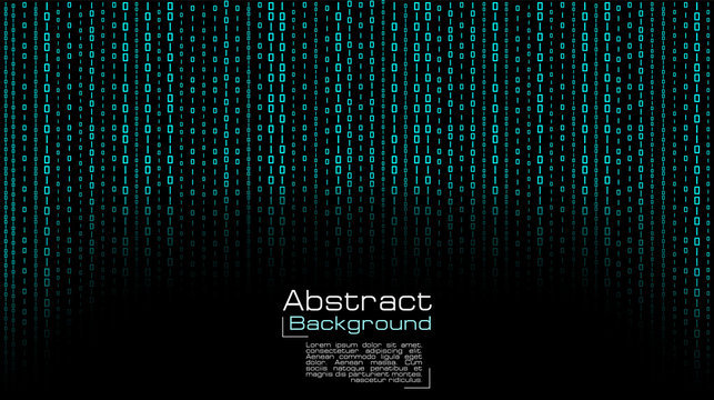 Vector streaming blue binary code on black background. Design for cover, poster, banners, wallpaper, website backgrounds, advertising and presentation slides.