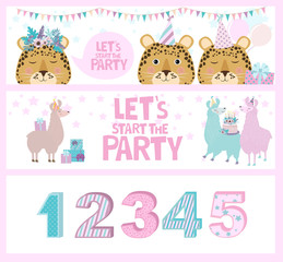 Set of horizontal poster with fun animals and numbers of age collection. Editable vector illustration.