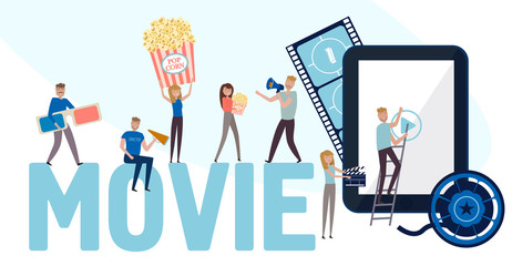 Making movie, video production landing page template with huge inscription, tiny people in the process of shooting a movie. Editable vector illustration