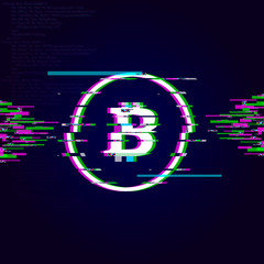 Glitch Bitcoin sign,crypto currency glitch effect. Vector illustration