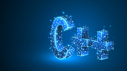 C plus coding language sign. Device, programming, developing concept. Abstract, digital, wireframe, low poly mesh, vector blue neon 3d illustration. Triangle, line, dot, star
