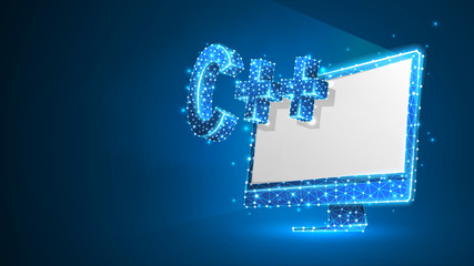 C plus coding language on white computer monitor screen. Device, programming, developing concept. Abstract, digital, wireframe, low poly mesh, vector blue neon 3d illustration. Triangle, line, dot