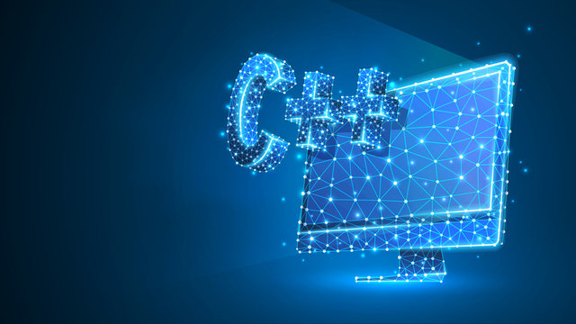 C plus coding language on computer monitor screen. Device, programming, developing concept. Abstract, digital, wireframe, low poly mesh, vector blue neon 3d illustration. Triangle, line, dot
