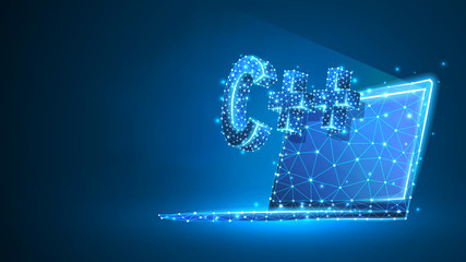 C++ coding language on notebook screen. Device, programming, developing concept. Abstract, digital, wireframe, low poly mesh, Raster blue neon 3d illustration. Triangle, line, dot, star