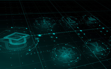 HUD science icons in circles, e-Learning technology concept. Vector