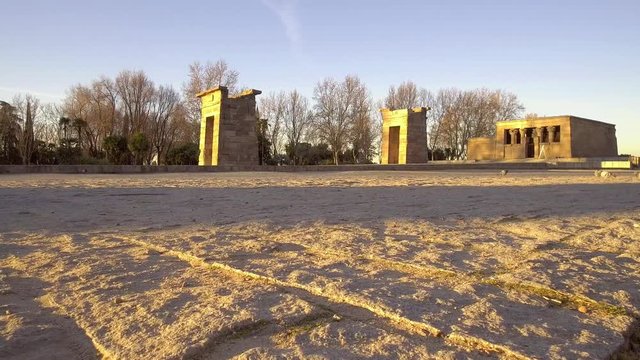 Early morning, doves strolling in Parque del Oeste, city of Madrid waking up