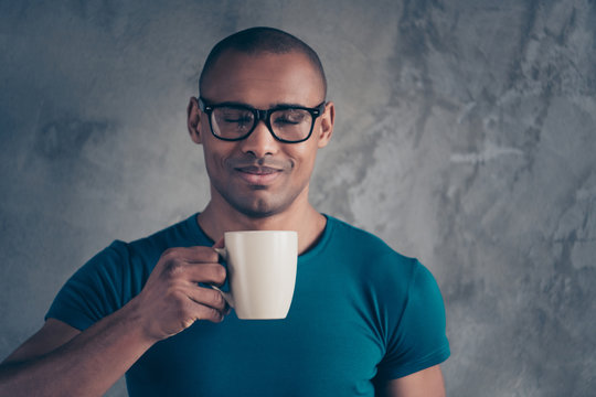 Close Up Photo Amazing He Him His Dark Skin Macho Handsome Hand Arm Hold Raise Hot Beverage Have Free Minute Delicious Break Office Working Day Wear Specs Casual Blue T-shirt Isolated Grey Background