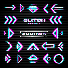Set of glitch arrows, pointers, direction. Glitch design elements. Tech, science and hacker theme. Vector.