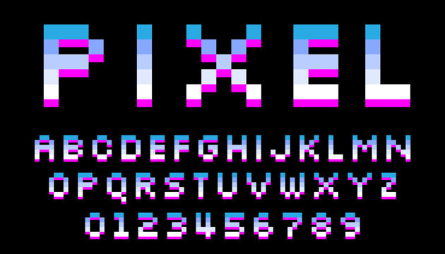 Pixel Font. 8 Bit Letters And Numbers. Typeface For Title Or Headline Design Poster, Game, Website Or Print. Vector.