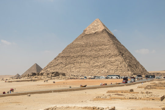 Giza, Egypt - April 19, 2019: The Pyramid of Khafre and the Pyramid of Menkaure at Giza