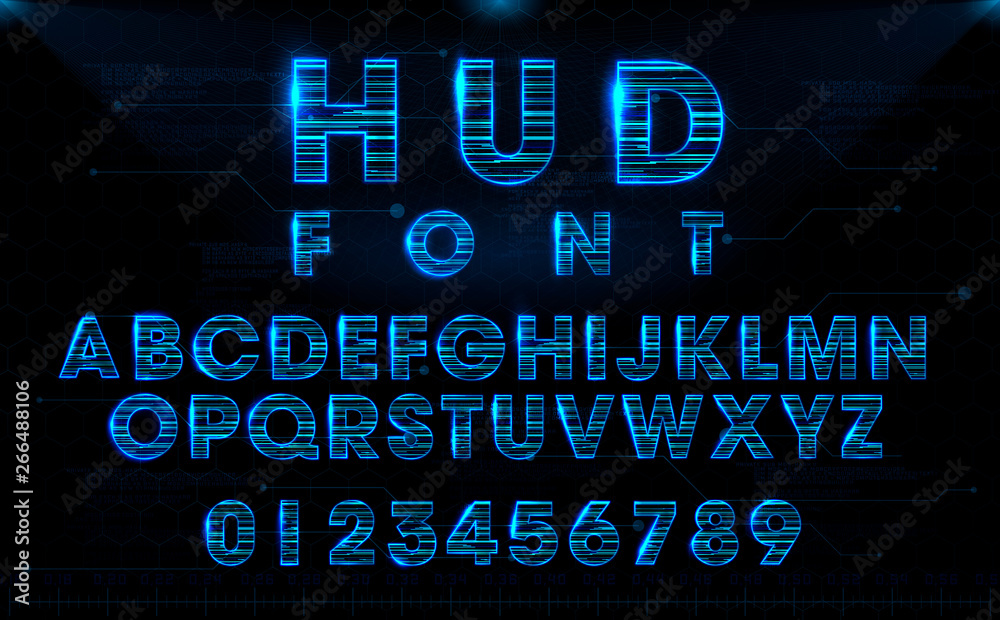 Wall mural futuristic hud blue vector font design. english letters and numbers with hologram effect. digital hi