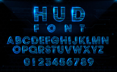 Futuristic HUD blue vector font design. English letters and numbers with hologram effect. Digital hi-tech style symbols. Typography design for headlines, labels, posters, cover, etc.