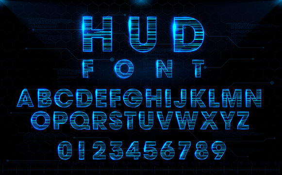 Futuristic HUD blue vector font design. English letters and numbers with hologram effect. Digital hi-tech style symbols. Typography design for headlines, labels, posters, cover, etc.