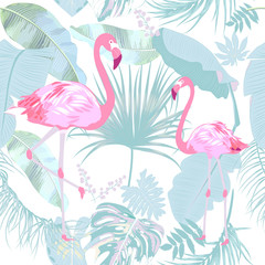 Naadloze patroon van flamingo, verlaat monstera. Tropische bladeren van palmboom en bloemen.