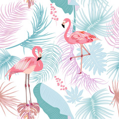 Seamless pattern of flamingo, leaves monstera. Tropical leaves of palm tree and flowers.