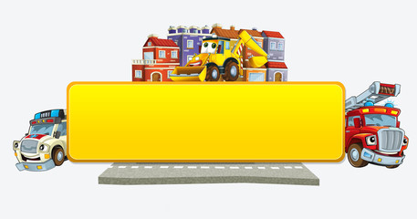cartoon scene with banner - title page with city facade cars and street with fire brigade ambulance and digger - illustration for children