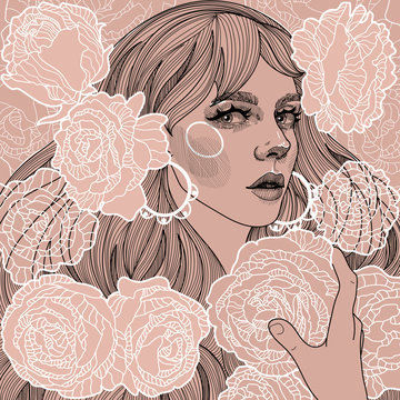  illustration on vintage paper beautiful girl with heavenly roses in her hands and magnificent hair 