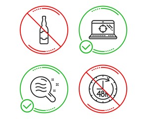 Do or Stop. Skin condition, Seo laptop and Beer bottle icons simple set. 48 hours sign. Search magnifier, Search engine, Craft beer. Delivery service. Business set. Line skin condition do icon
