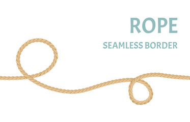Rope seamless border. Twisted jute cord with loops isolated on white background. Vector illustration of cord swirl in cartoon flat simple style. Graphic decorative element for design.