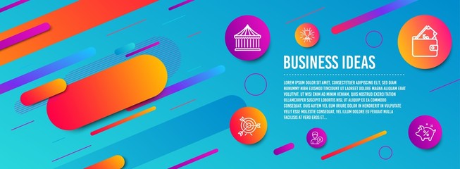 Header banner. Wallet, Trophy and Carousels icons simple set. Remove account, Target and Loan percent signs. Usd cash, Winner cup. Business set. Line wallet icon. Gradient elements. Vector