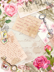 Vintage old paper with hand written letters, photos, stamps, keys, watercolor rose flowers. Card or blank design