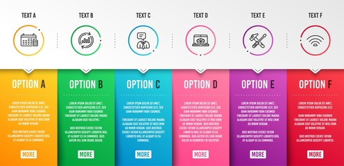 Online delivery, Calendar and Hammer tool icons simple set. Support service, Update data and Wifi signs. Parcel tracking website, Calculator device. Business set. Infographic template. Vector