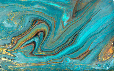 Blue marbling pattern. Golden marble liquid texture.