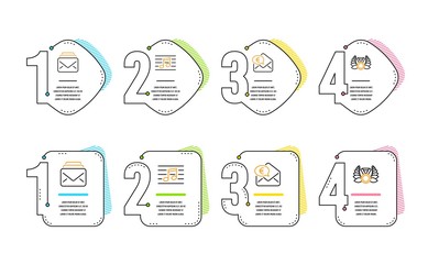 Musical note, Mail and Euro money icons simple set. Laureate medal sign. Music, New messages, Receive cash. Laurel wreath. Business set. Infographic timeline. Line musical note icon. Vector