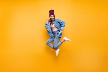 Fototapeta na wymiar Full length body size view photo of funny funky charming youth good-looking dressed in modern outfit isolated feel candid satisfied glad rejoice enjoy summer spring on colorful background