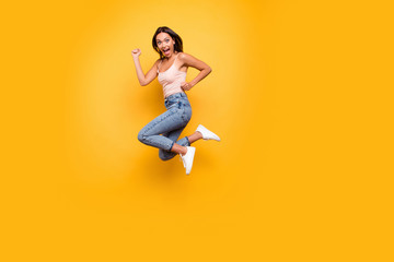 Fototapeta na wymiar Full length body size view photo cute charming lady feel rejoice enjoy spring summer react scream shout feel satisfied glad content summer isolated dressed fashionable modern outfit yellow background 