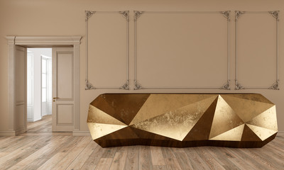 Gold reception table in classic beige color interior with moldings and wooden floor. 3d render illustration mock up.