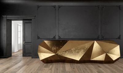 Gold reception table in classic black color interior with moldings and wooden floor. 3d render illustration mock up.