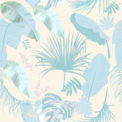 Fototapeta na wymiar Seamless pattern of leaves monstera. Tropical leaves of palm tree and flowers.