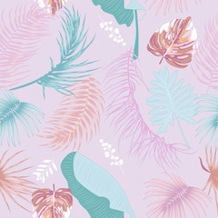 Fototapeta na wymiar Tropical jungle pink palm leaves seamless pattern, vector