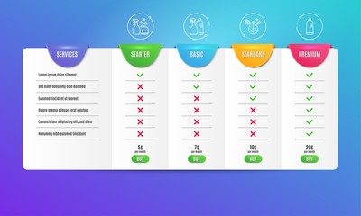 Cleanser spray, Shampoo and spray and Dirty water icons simple set. Comparison table. Shampoo sign. Washing liquid, Washing liquids, Aqua drop. Bath cleanser. Cleaning set. Pricing plan. Vector