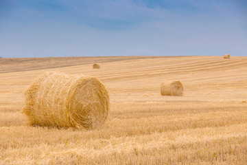 Hay bales under a cloudy sunset sky on a harvested wheat field.