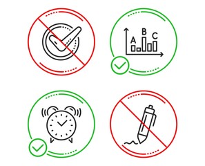 Do or Stop. Alarm clock, Survey results and Confirmed icons simple set. Signature sign. Time, Best answer, Accepted message. Written pen. Business set. Line alarm clock do icon. Prohibited ban stop