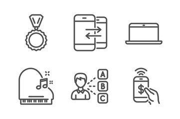 Laptop, Medal and Opinion icons simple set. Piano, Phone communication and Phone payment signs. Mobile computer, Winner. Education set. Line laptop icon. Editable stroke. Vector