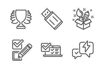 Online survey, Creativity and Winner icons simple set. Usb flash, Checkbox and Lightning bolt signs. Quiz test, Design idea. Education set. Line online survey icon. Editable stroke. Vector
