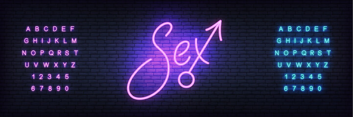 Sex neon sign. Glowing night bright lettering vector sign for adult sex shop advertisement.