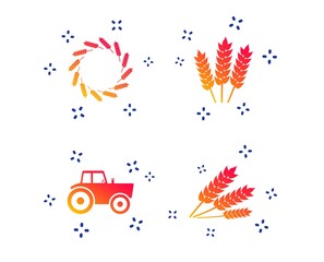 Fototapeta premium Agricultural icons. Wheat corn or Gluten free signs symbols. Tractor machinery. Random dynamic shapes. Gradient agriculture icon. Vector