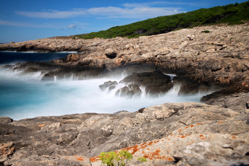 Long exposure sea on rocks. Tremiti, Apulia. Italy