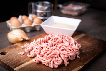 Minced pork meat. Ingredients of tasty meatballs