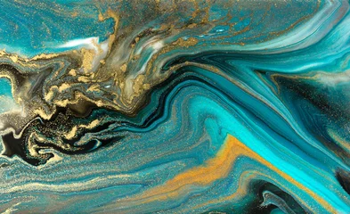 Poster Blauw marmerpatroon. Gouden marmeren vloeibare textuur. © anya babii